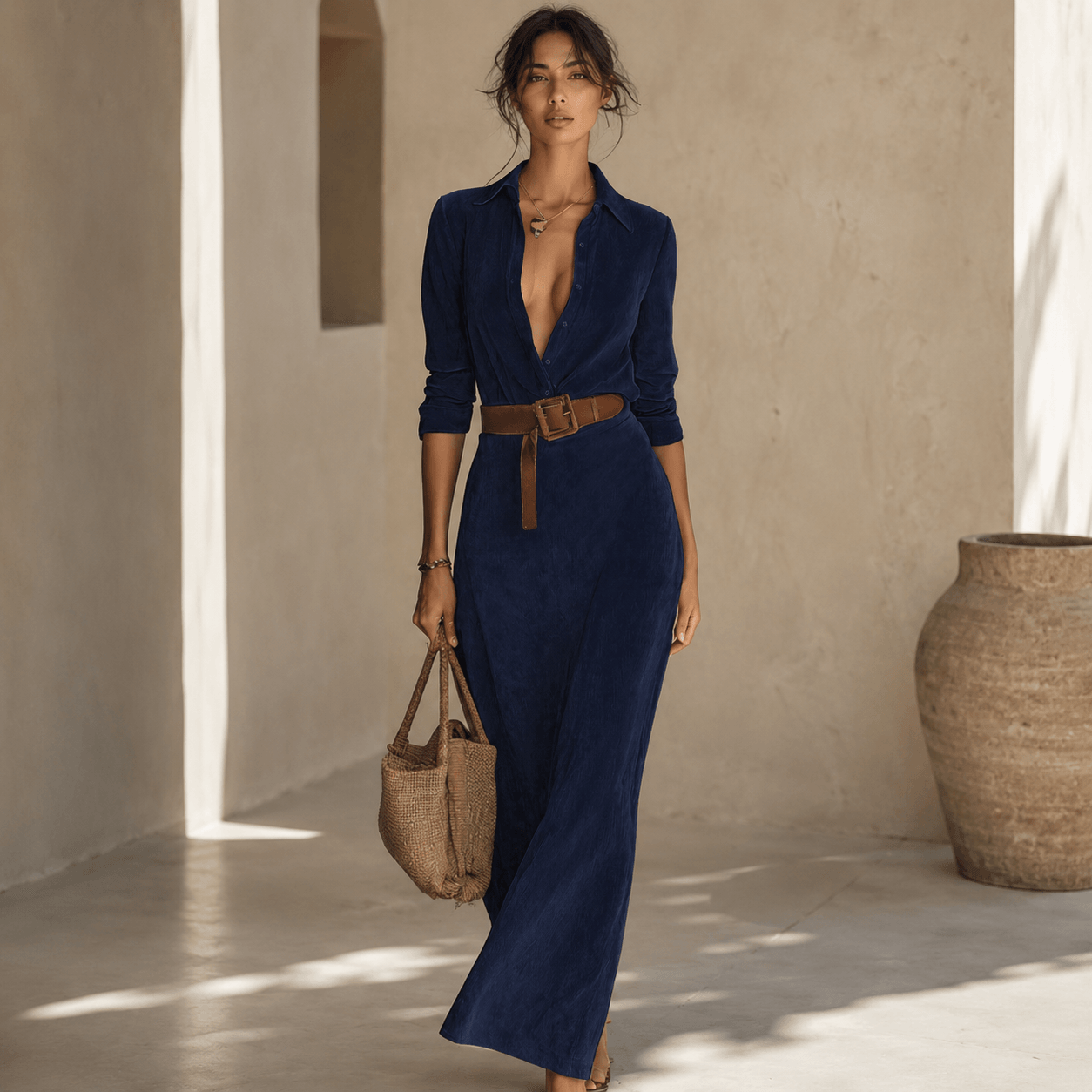 Juline™ | Vestido Maxi de aspecto gamuza con solapa