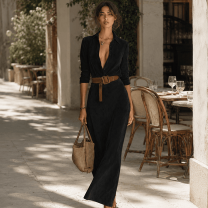 Juline™ | Vestido Maxi de aspecto gamuza con solapa