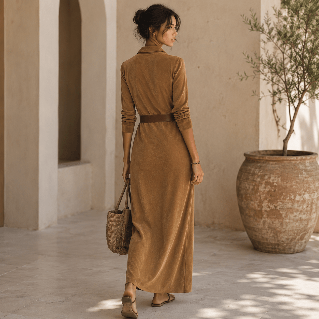 Juline™ | Vestido Maxi de aspecto gamuza con solapa