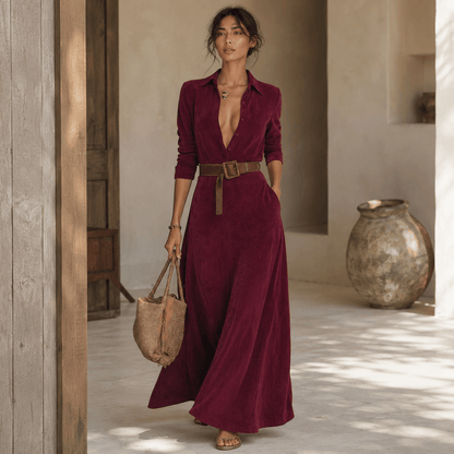 Juline™ | Vestido Maxi de aspecto gamuza con solapa