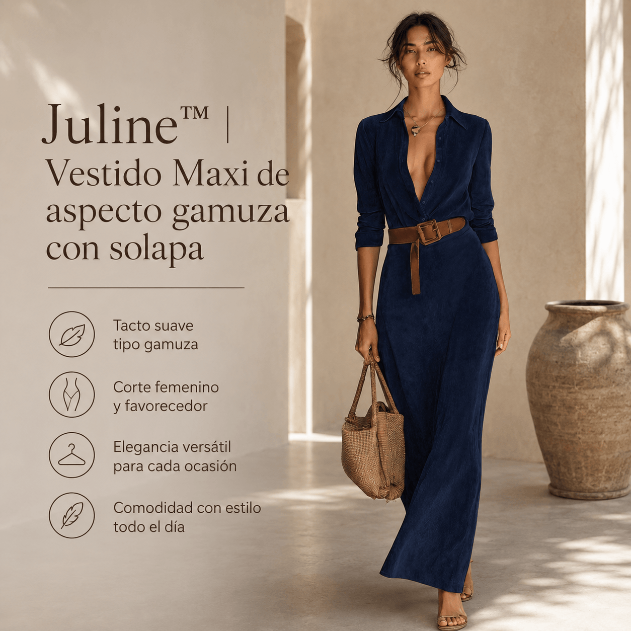 Juline™ | Vestido Maxi de aspecto gamuza con solapa