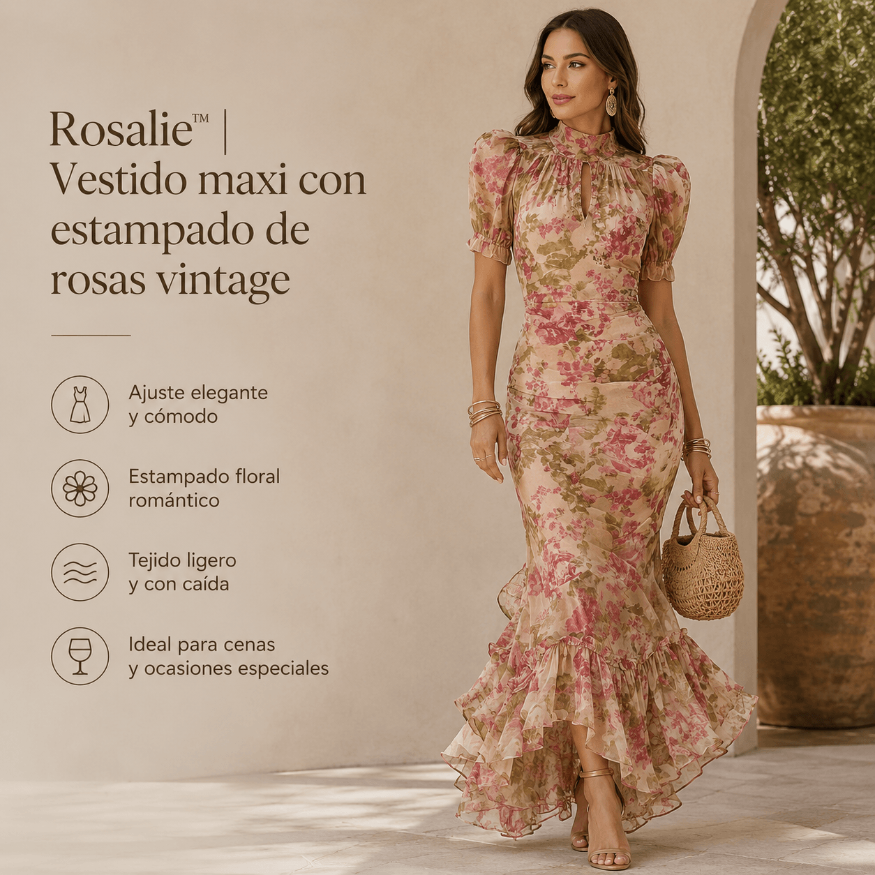 Rosalie™ | Vestido maxi con estampado de rosas vintage