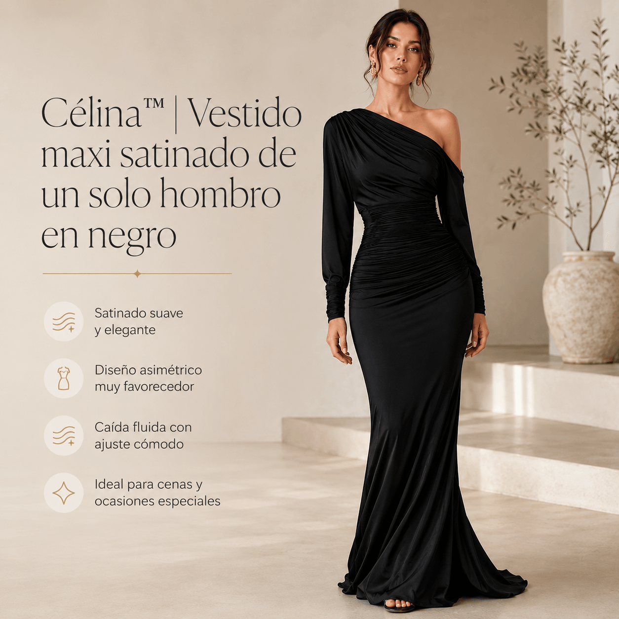 Célina™ | Vestido maxi satinado de un solo hombro en negro
