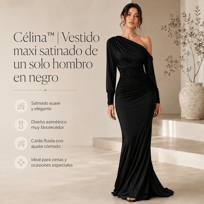 Célina™ | Vestido maxi satinado de un solo hombro en negro