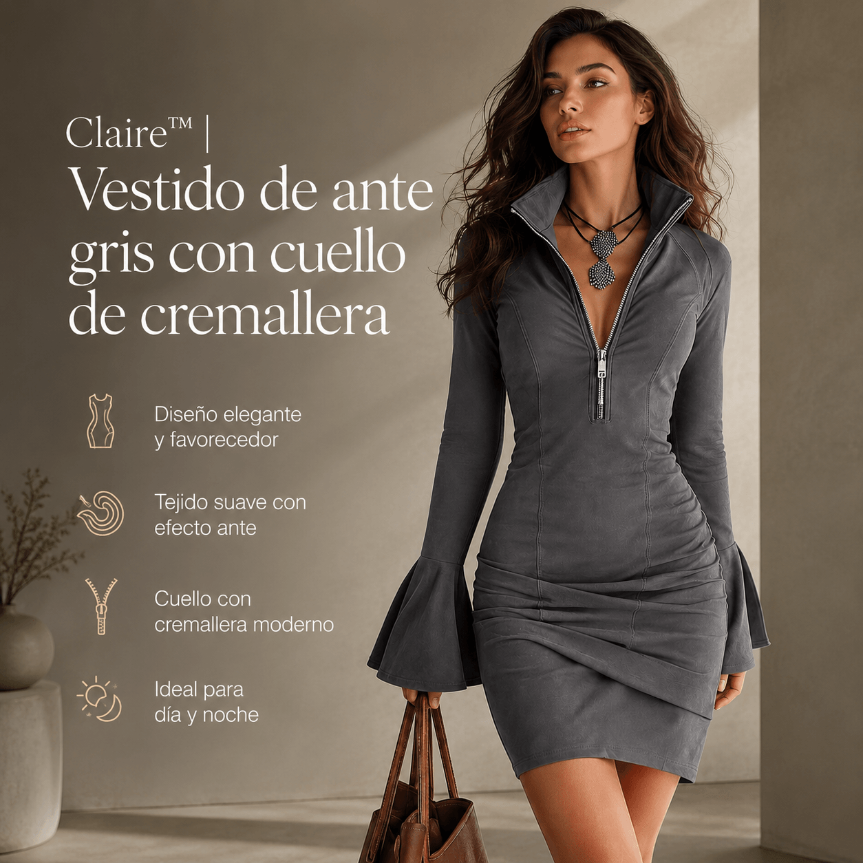 Claire™ | Vestido de ante gris con cuello de cremallera