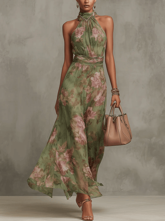 Florine™ | Vestido Maxi Verde con Estampado Floral