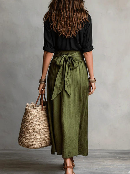 Vera™ | Conjunto de dos piezas: camiseta negra y falda midi verde oliva