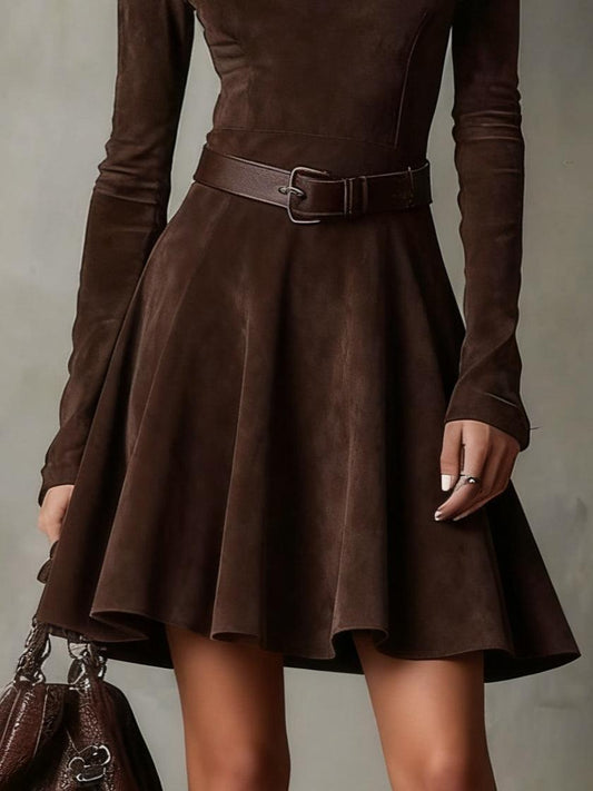 Noémie™ | Vestido mini vintage de gamuza en marrón oscuro